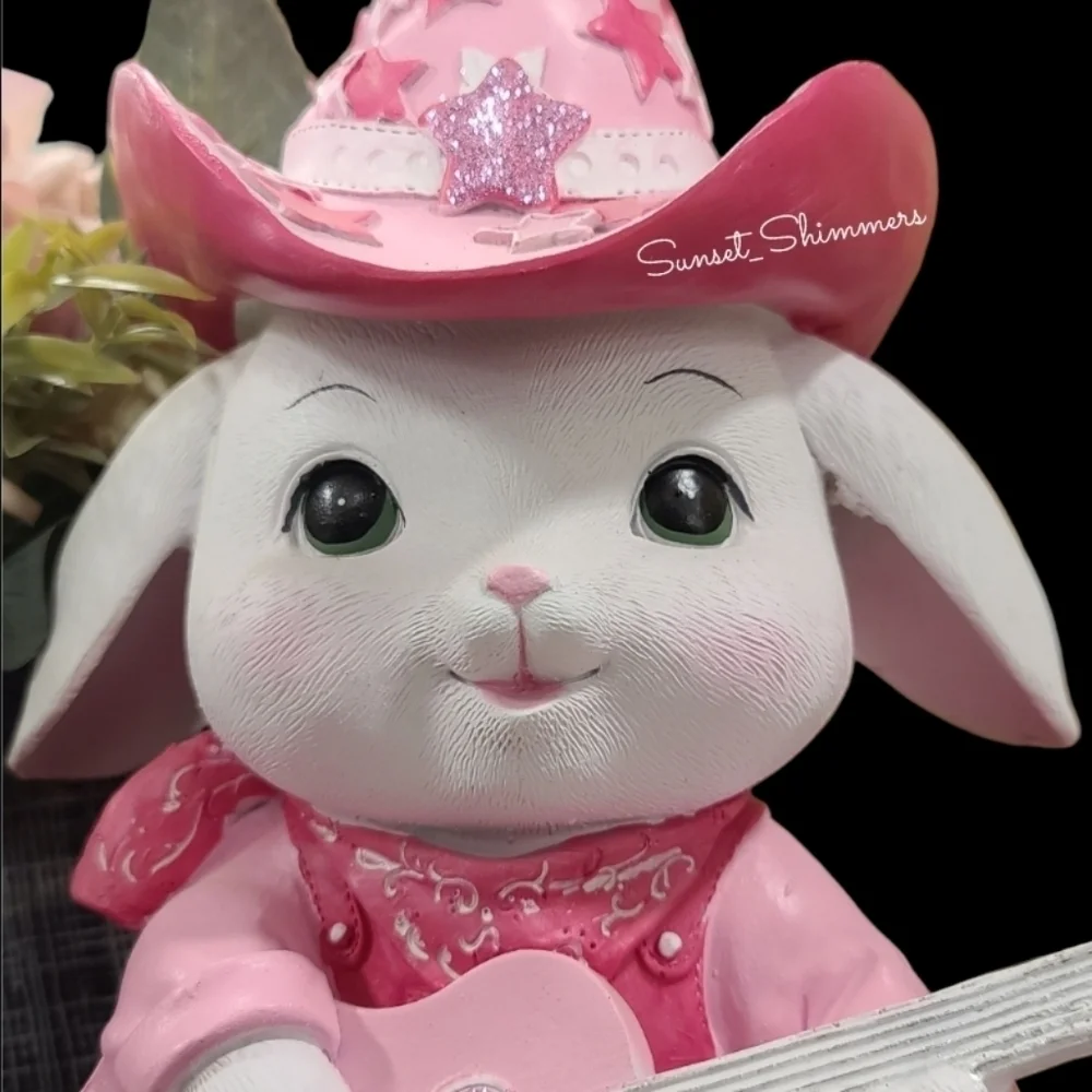 Easter Bunny Girl Sparkly Pink Cowboy Hat Overalls bandana Playing Guitar New